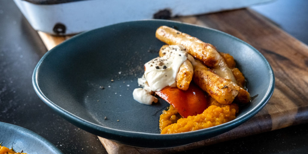 Chicken Sausages & Roasted Peppers with chilli pumpkin mash