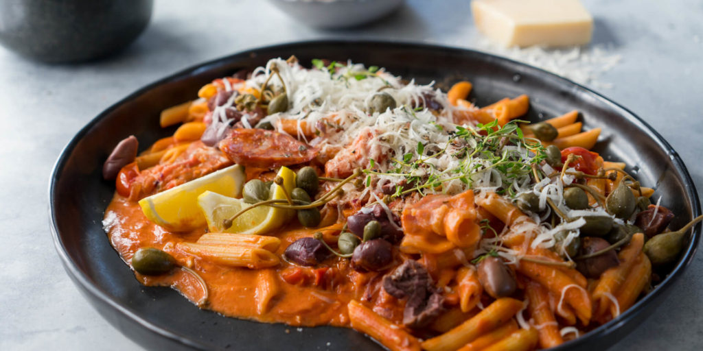 Creamy Chorizo & Bacon Penne with Olives & Caper Berries