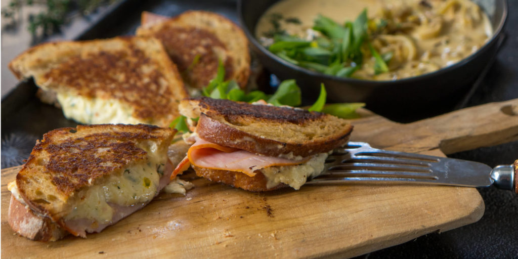 Grilled Ham & Cheese Toasties with Chilli & Beer Dipping Sauce