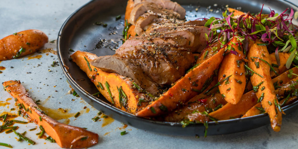 Marmite & Honey Pork Fillet with Spicy Baked Sweet Potato