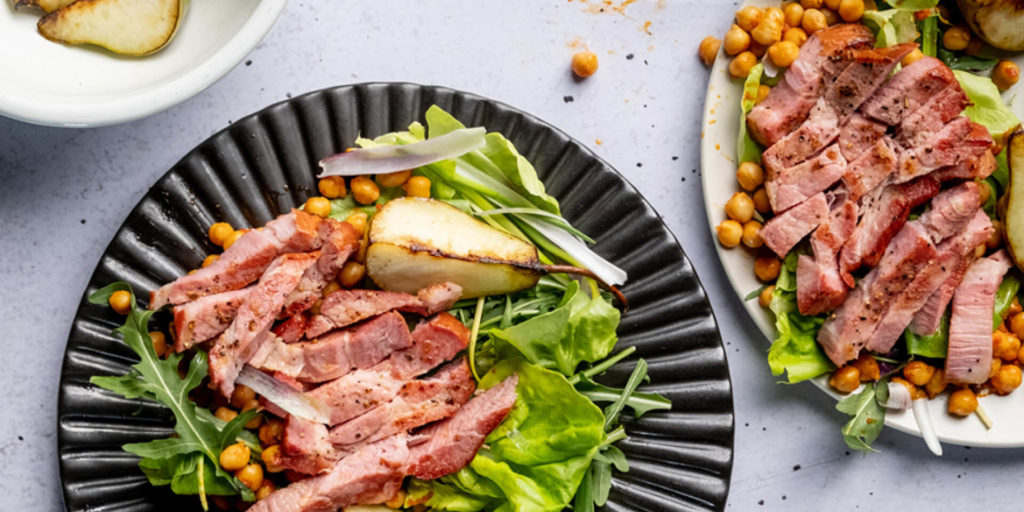 Roasted Pear and Chickpea Salad with Spicy Pork Neck Steak