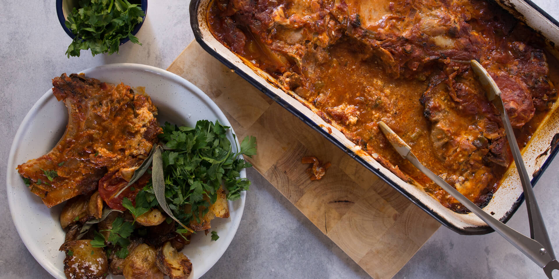 Eskort - Baked Tomato Pork Chops with Crispy Garlic &amp; Sage Baby Potatoes - Eskort