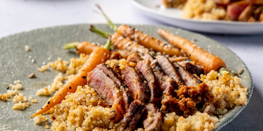 Roasted Baby Carrots with Red Pesto Quinoa, Mixed Seeds & Eskort Prego Steaks