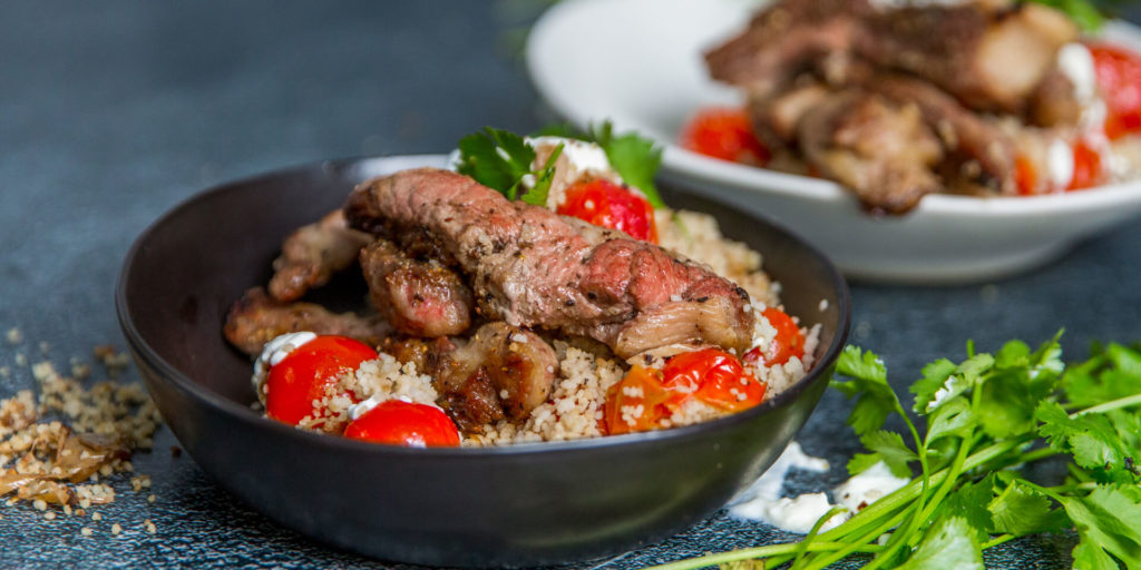 Spicy Tomato and Chilli Couscous with Pork Neck Steak Strips