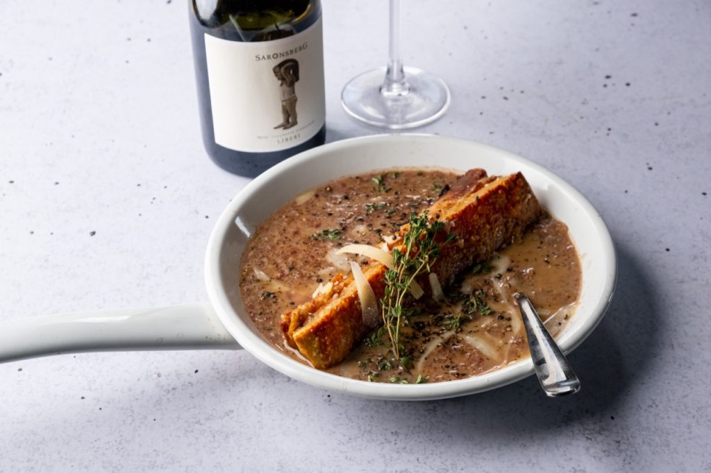 Eskort Pork Belly and Onion Soup, with Liberi Pinotage Wine
